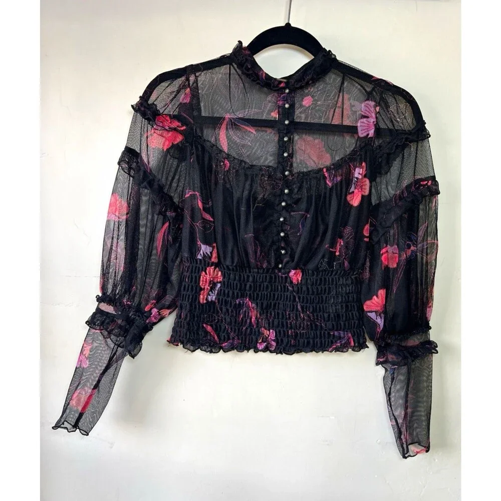 Free People Sheer Black Mesh Floral Mock Neck Long Sleeve Button Blouse S